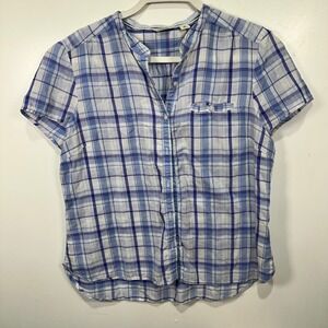 L.L.Bean Plaid Button Up Shirt‎ Short Sleeve Blue White Cotton Top Medium Pet
